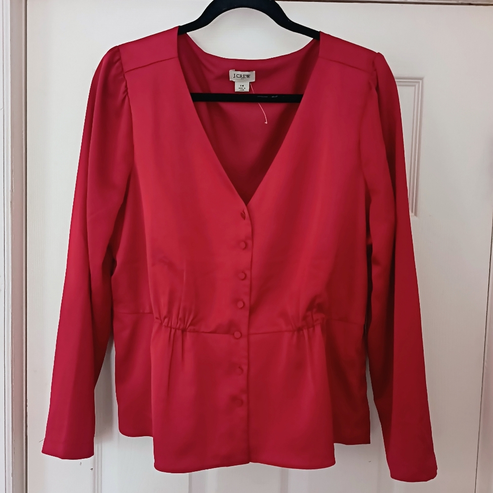 J.crew Women's Satin back crepe button-front blouse, Size 14,Red